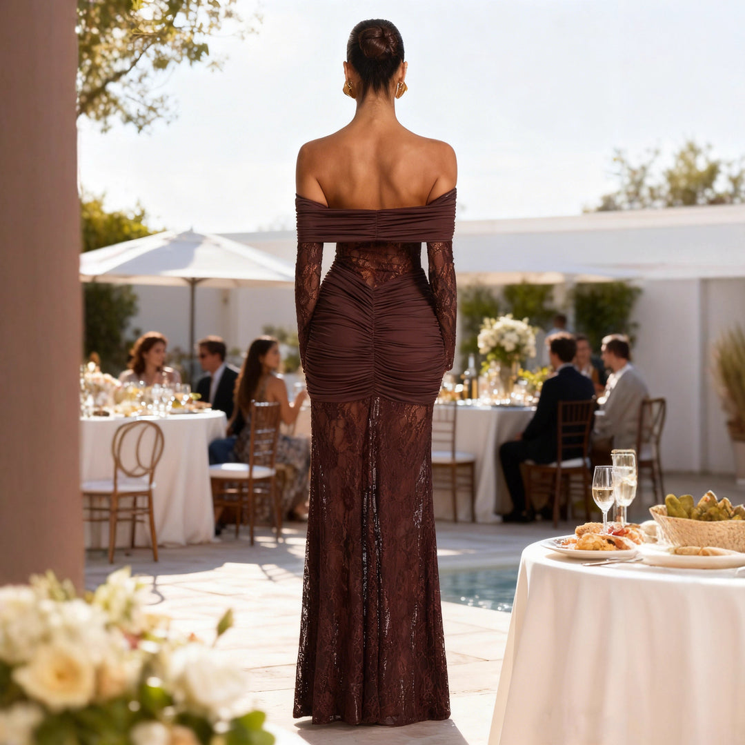 Elegant lace maxi dress for women with refined ruffle details and bare straps Chic & Stil