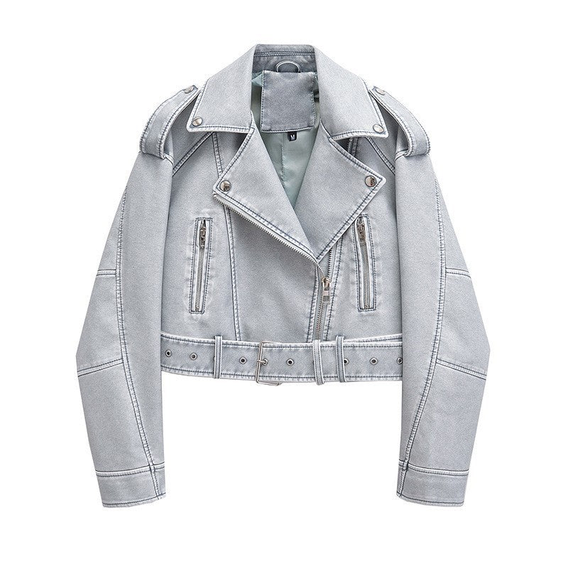 Faux leather biker jacket for women with belt Lune London