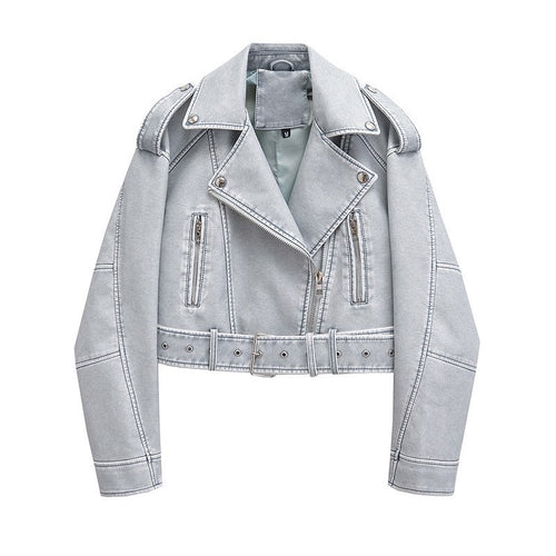 Faux leather biker jacket for women with belt Lune London