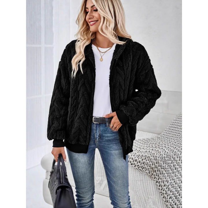 Ladies Cozy Fleece Jacket with High Collar and Chic Knit Pattern