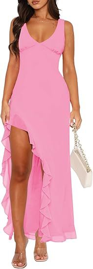Women's maxi dress with asymmetric hem and ruffle details Lune London