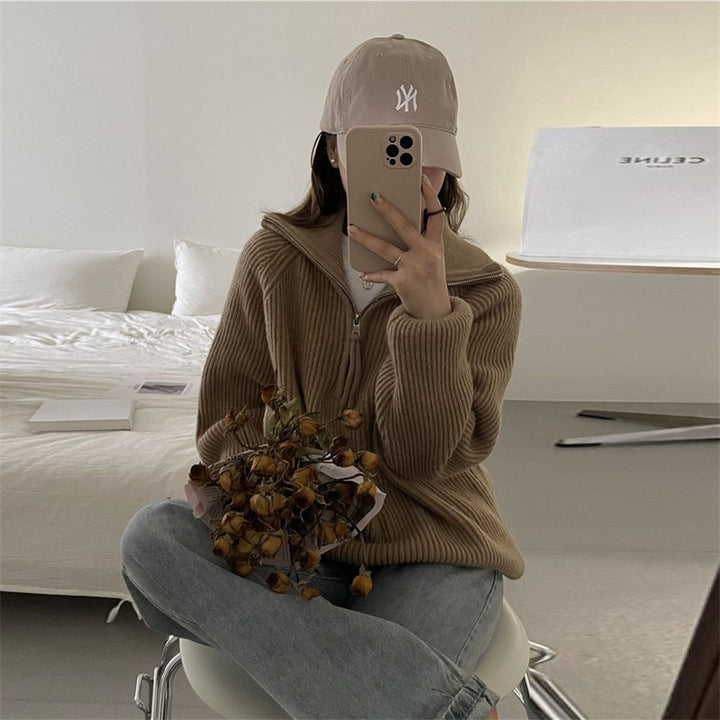 Pull en tricot épais pour femme avec fermeture éclair et col montant Chic & Stil