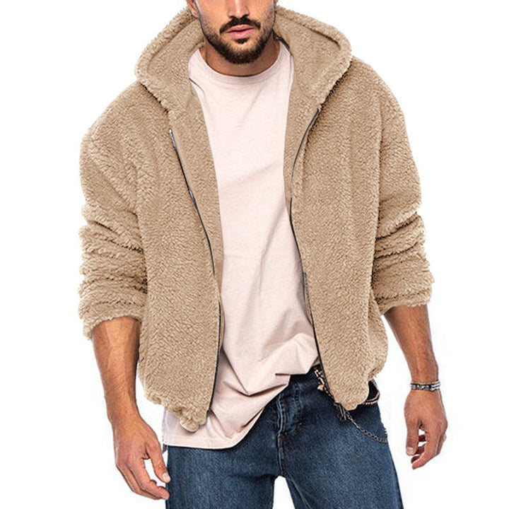 Comfortable fleece jacket for men with large hood and zipper Lune London