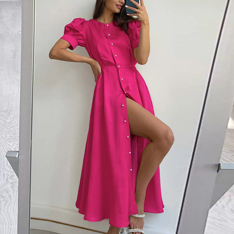 Maxi dress for women with button closure, puff sleeves and side slit Lune London