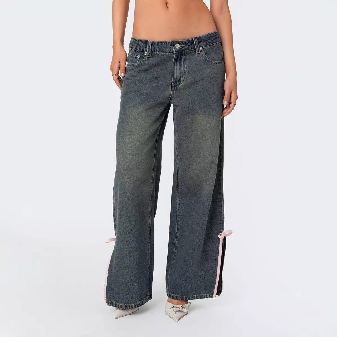 Women's High Waist Denim Pants with Fashionable Bow Details Lune London