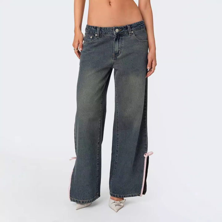 Women's High Waist Denim Pants with Fashionable Bow Details Lune London