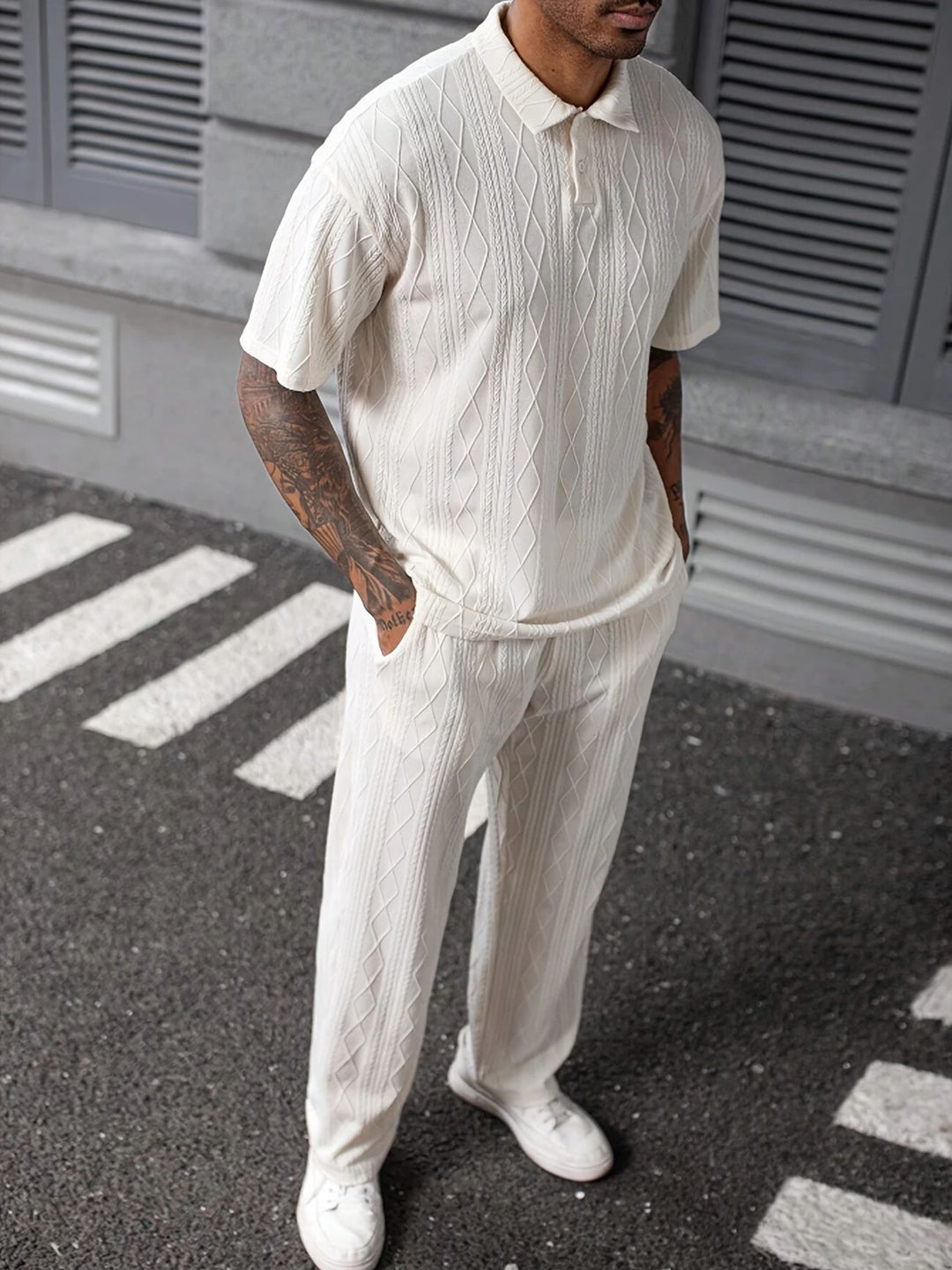 Men's Comfortable Cable Knit Polo Set and Pants Lune London