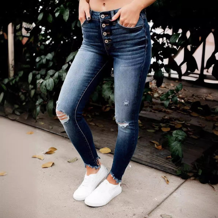 Jeans skinny taille haute pour femmes avec boutonnière et détails destroy Lune London