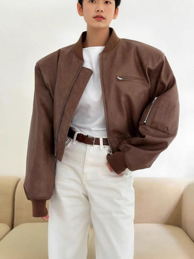 Women's leather bomber jacket with practical zip pockets and elastic waist Lune London