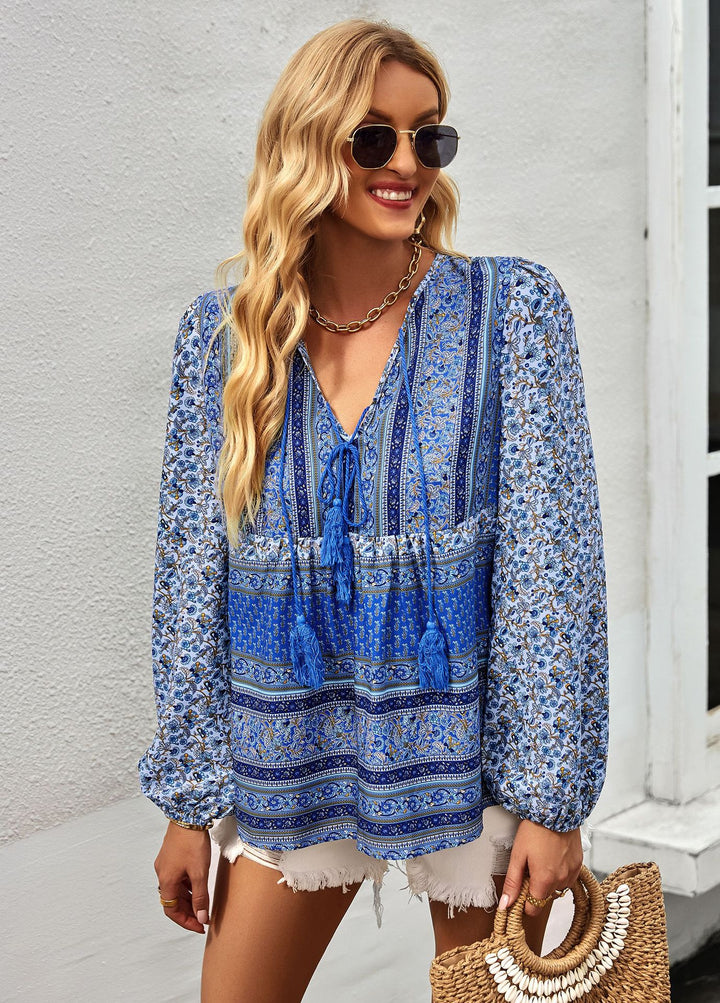 Airy women's blouse with trendy boho pattern and elegant ruffle details Lune London