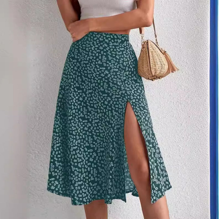 Midi skirt for women with asymmetrical slit and floral pattern Lune London
