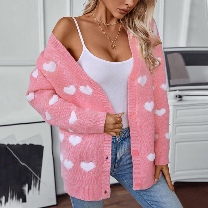 Comfortable cardigan for women with heart pattern and V-neck Lune London