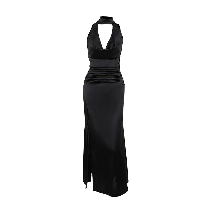 Elegant satin evening dress for women with high slit Lune London