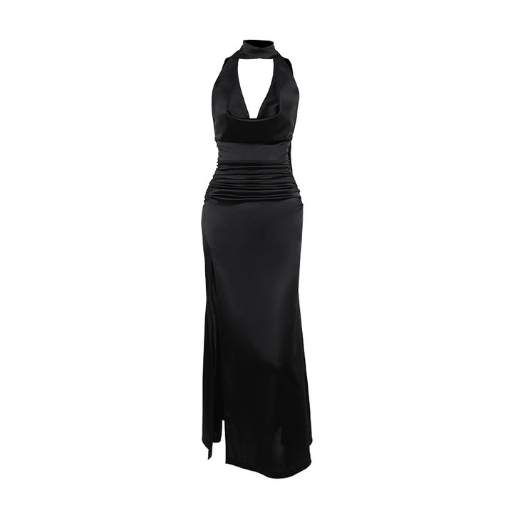 Elegant satin evening dress for women with high slit Lune London