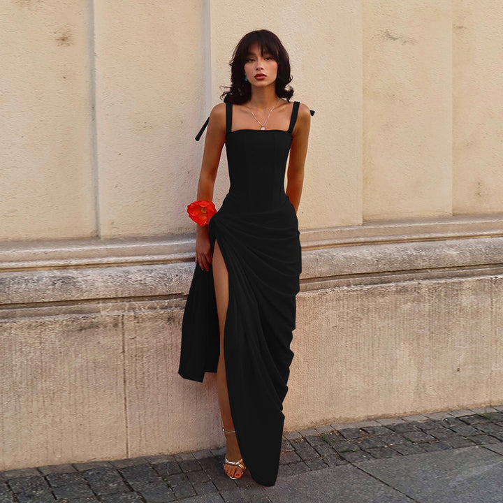 Women's Elegant Maxi Dress with Asymmetrical Hem and Seductive Split