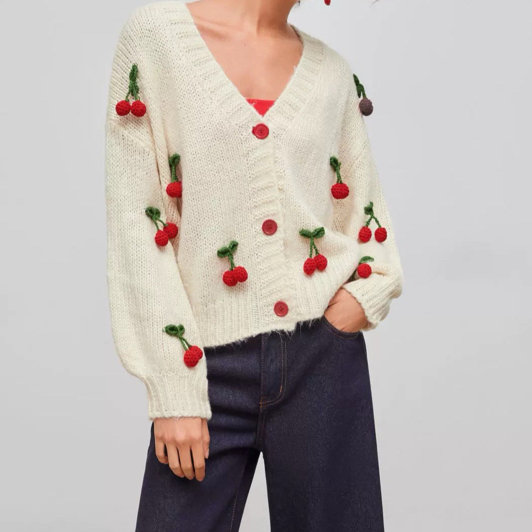 Lune London | Women's playful knitted cardigan with cherry appliqués