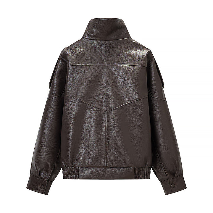 Veste en faux cuir à la mode pour femmes avec col haut et poches pratiques Chic & Stil