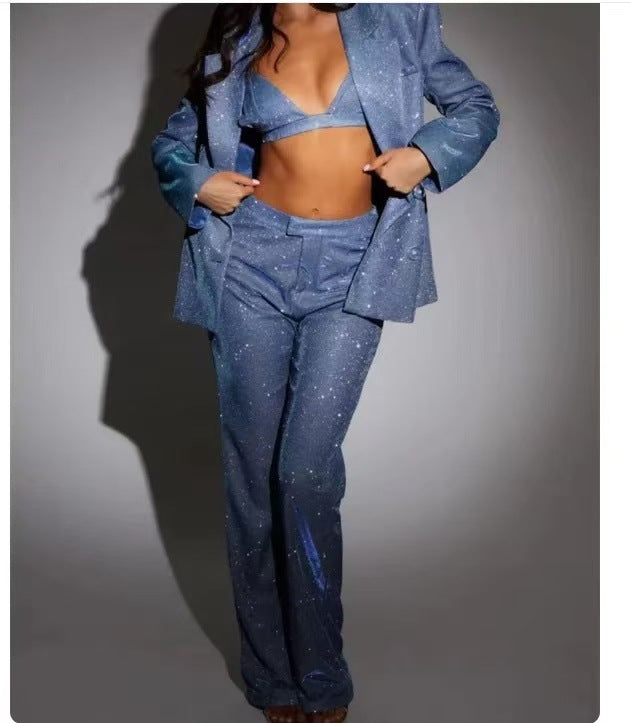 Women's Glittering Suit Set with Crop Top and Flared Pants Lune London