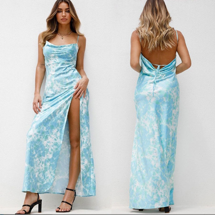 Maxi dress with hooded neckline and high slit for women Lune London