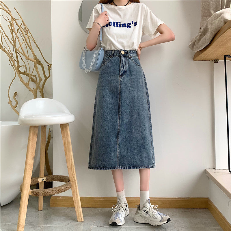 Jupe en jean longue pour femmes avec découpe haute et coutures décoratives Chic & Stil