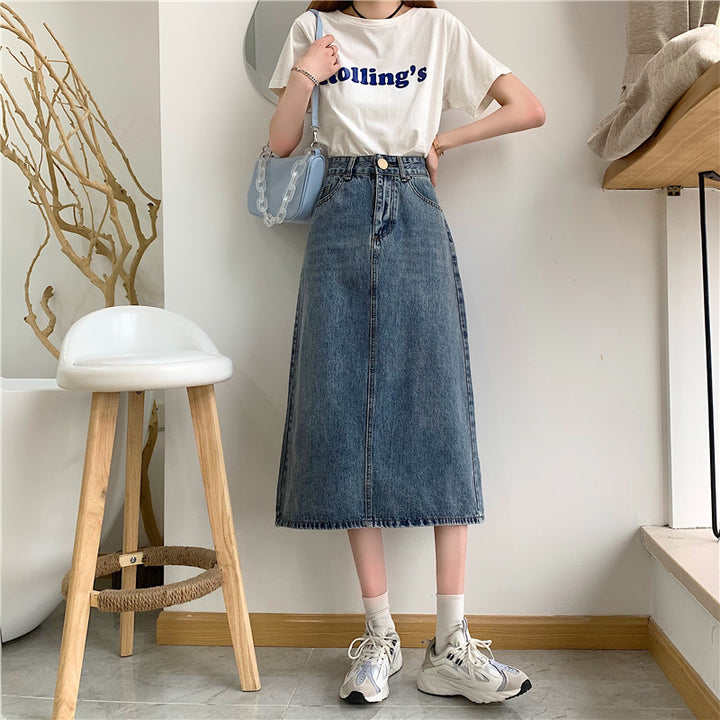 Jupe en jean longue pour femmes avec découpe haute et coutures décoratives Chic & Stil