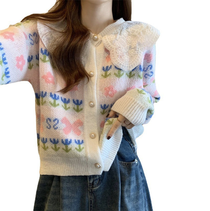 Ladies fashion cardigan with lace collar and floral design Lune London