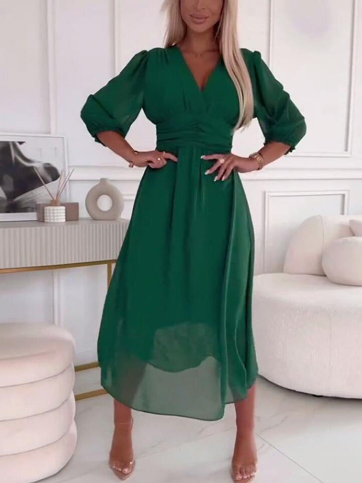 Women Fluid Maxi Dress with V-neck Lune London