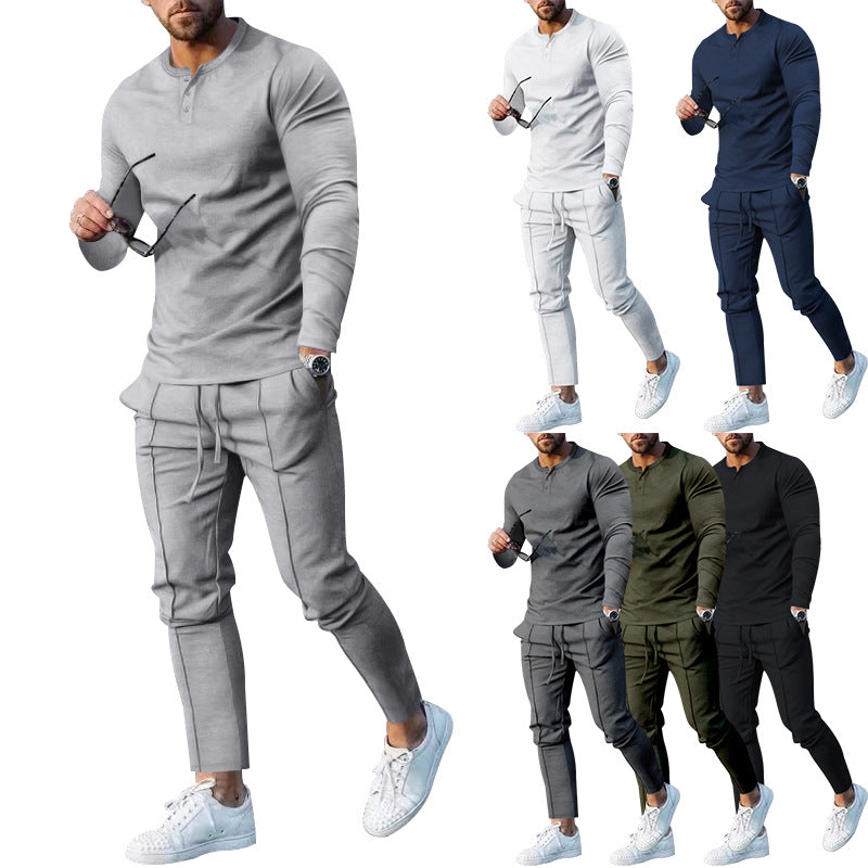 Athletic leisure outfit for men with long sleeve Henley top and comfortable jogging capri pants Lune London