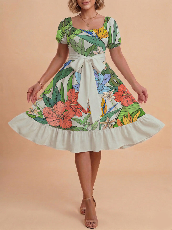 Women A-line dress with floral motifs and adjustable belt Lune London
