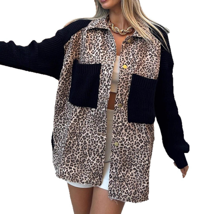 Fashion leopard jacket for ladies with knitted sleeves and practical pockets Lune London