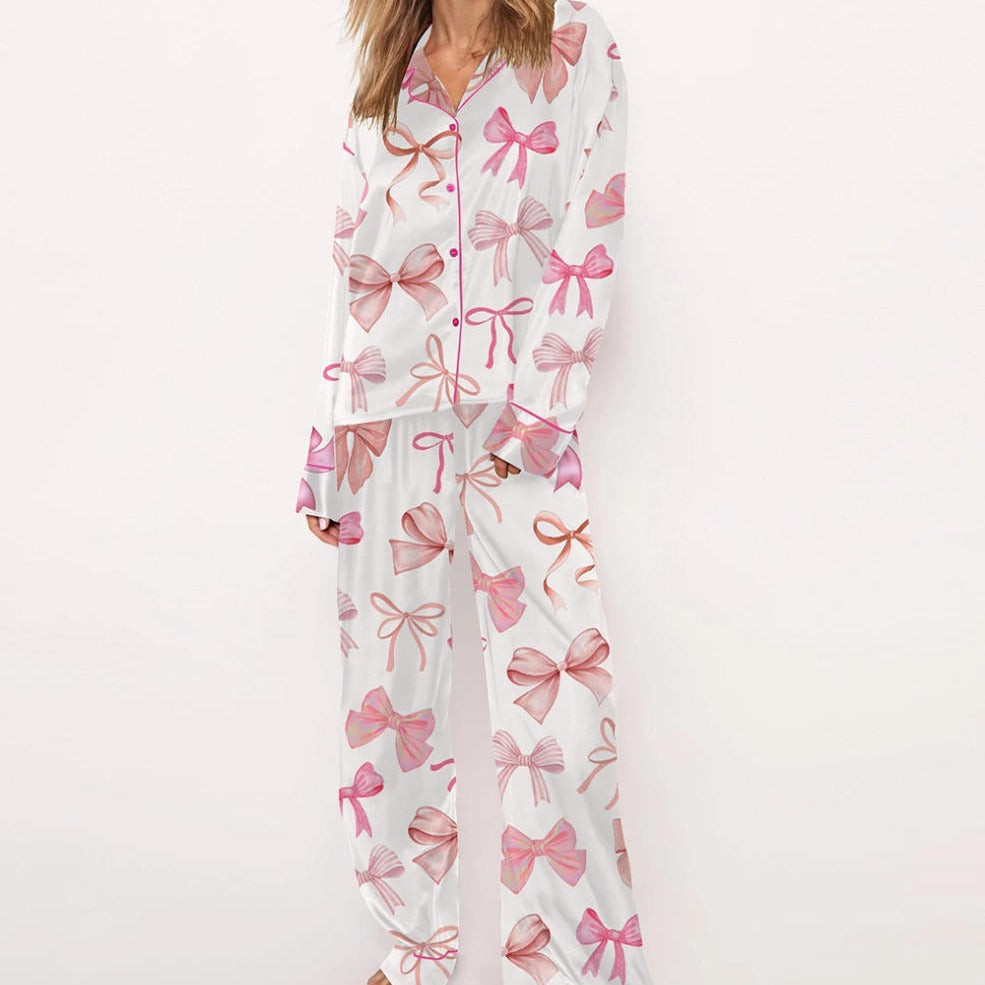 Women's Satin Pajama Set with Playful Bow Pattern Lune London