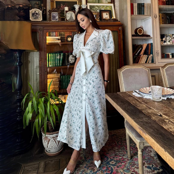 Maxi dress for women with puff sleeves and sash belt Lune London