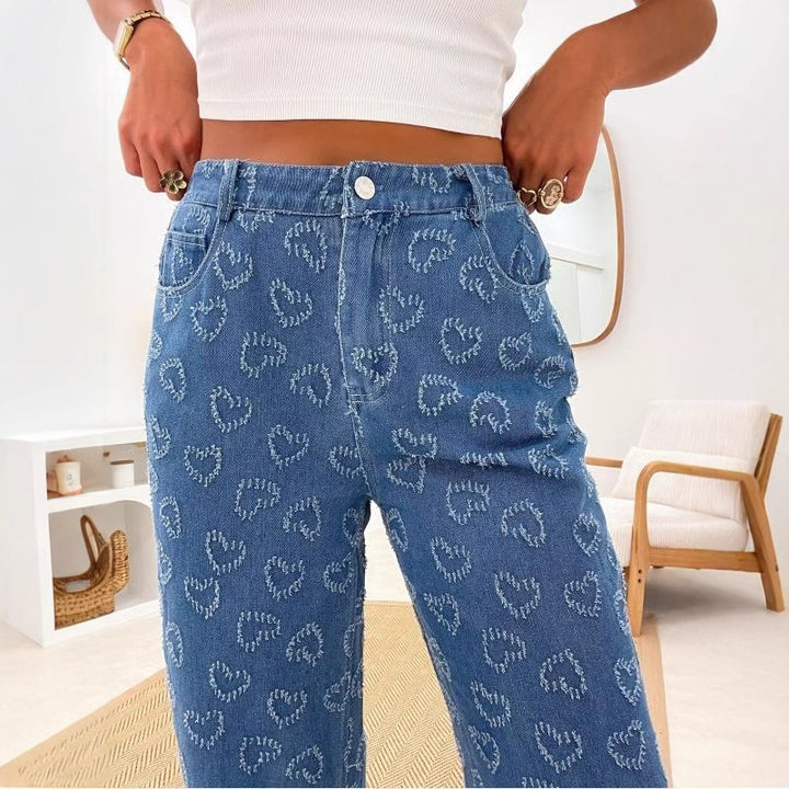 Ladies High-Waist Jeans with unique heart pattern and comfortable fit