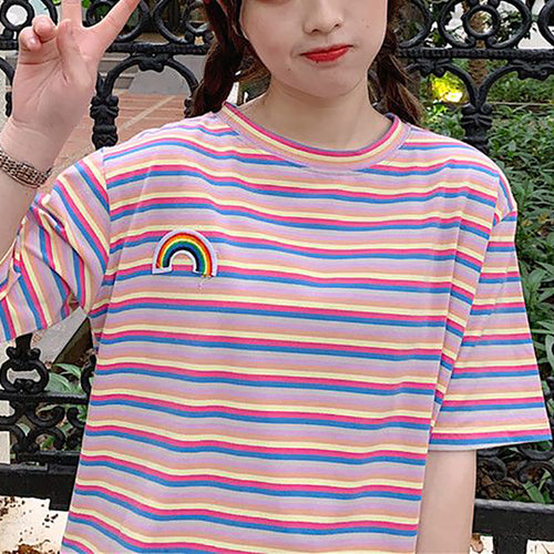 Women's striped T-shirt with colorful rainbow patch Lune London