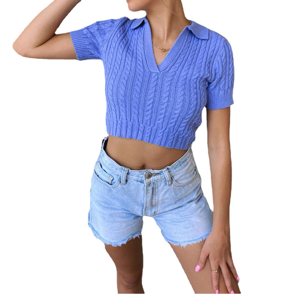 Short sweater with short sleeves for ladies with V-neck and elegant cable structure Lune London