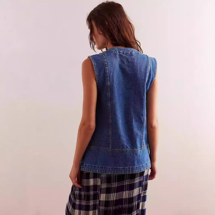 Women's denim dungaree jacket with practical pockets and fashionable V-neck Lune London