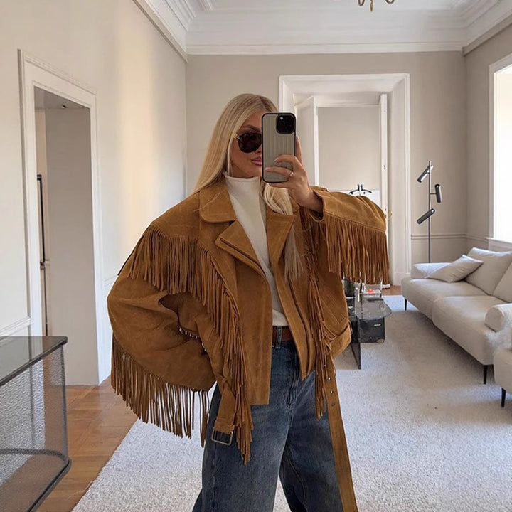 Suede jacket for women with fringe details and an adjustable belt Lune London