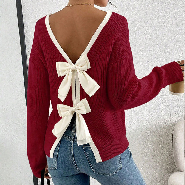 Pull-over en tricot pour femmes avec un col en V et des nœuds décoratifs autour