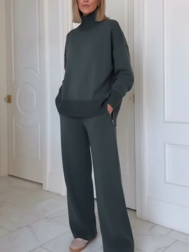 Ensemble de vêtements d'intérieur tricoté confortable pour femmes avec un sweat à col montant et un pantalon large Chic & Stil