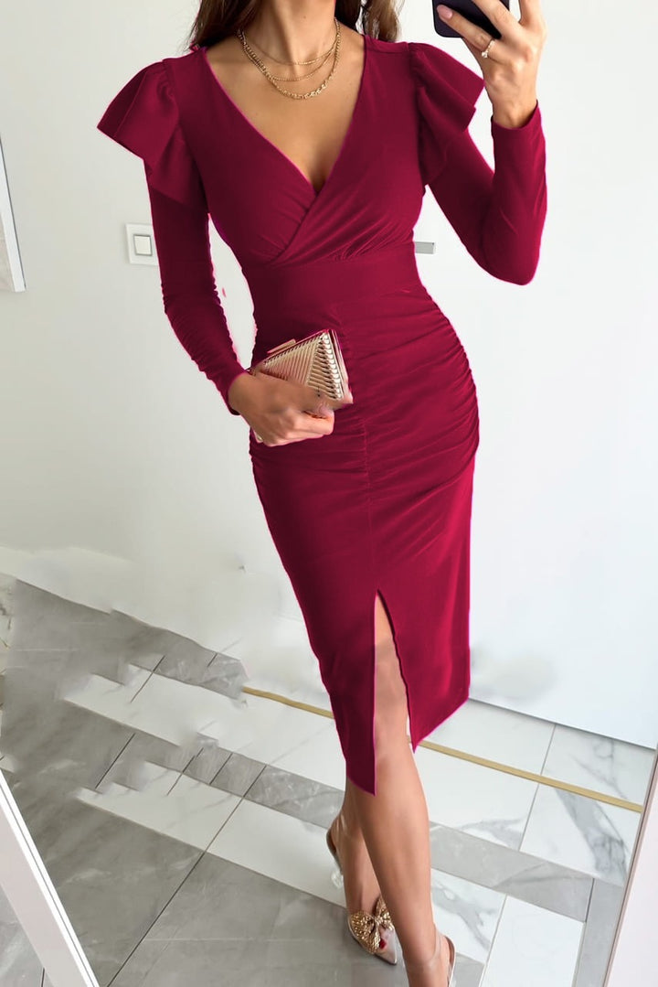 Elegant Women's MIDI Dress with Long Sleeves Flared and Chic Slit Style