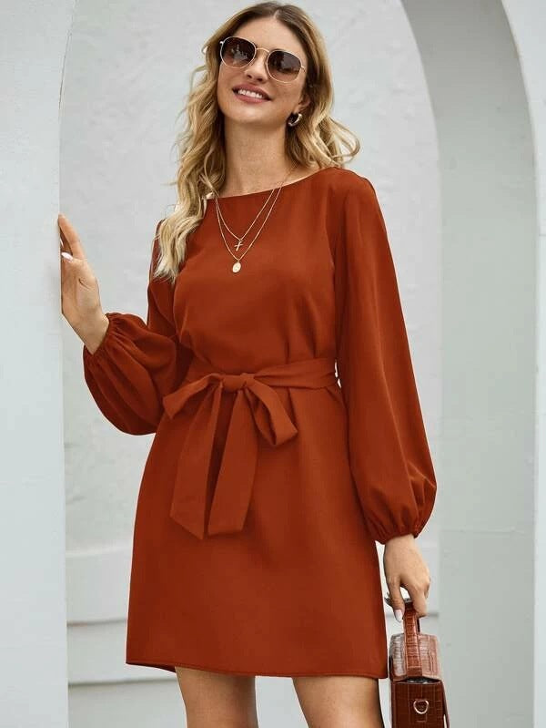 Ladies Elegant Dress with Balloon Sleeves and Waist Belt Lune London