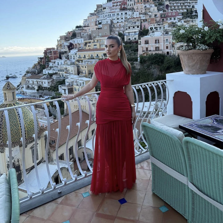 Maxi dress for women with trendy high collar and refined gathered detail Lune London