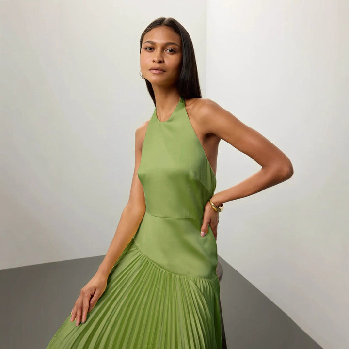 Ladies Elegant Maxi Dress with Flowing Pleated Skirt and Halter Neck Design