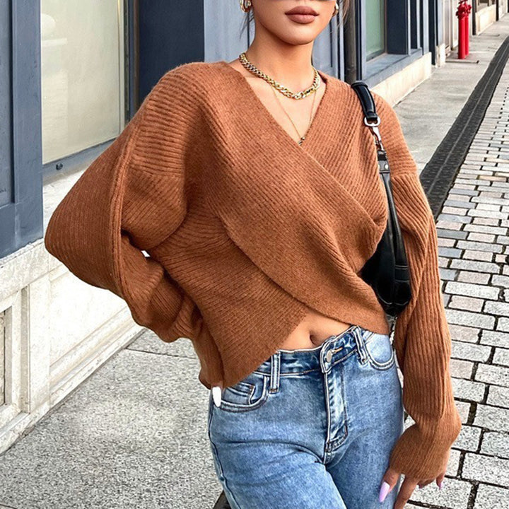 Oversized knit sweater with wrap design and textured fabric for women Lune London