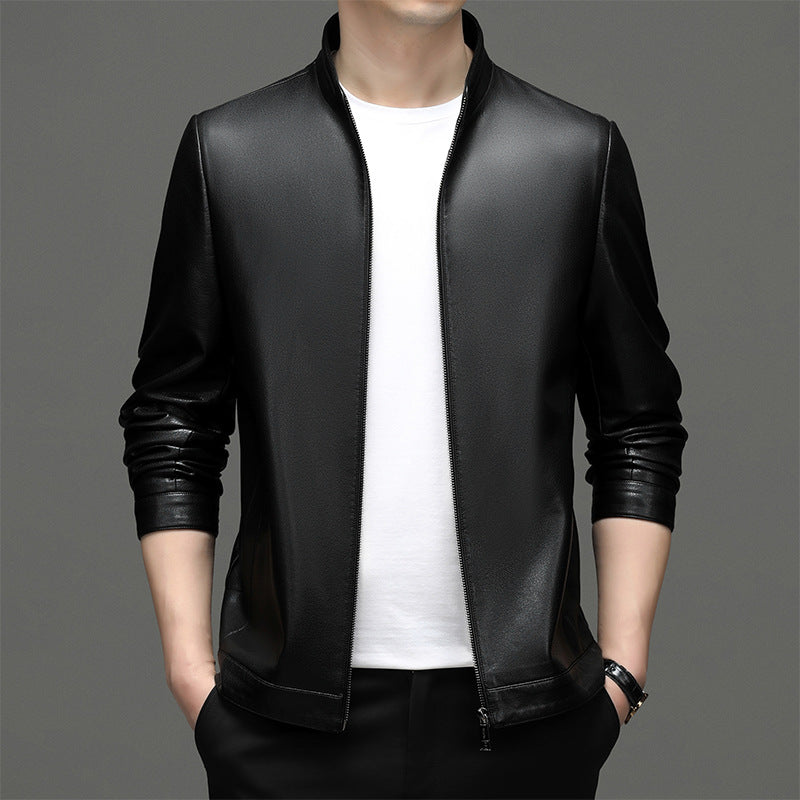 Casual faux leather jacket for men with a modern high collar and chic stylish details