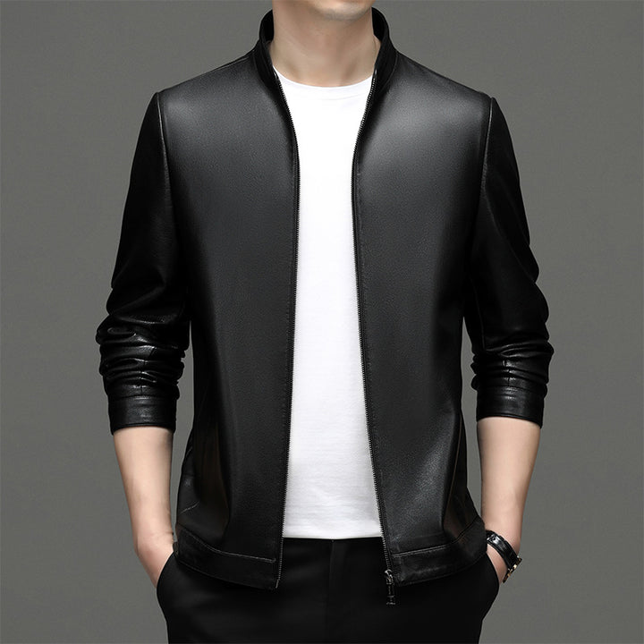 Casual faux leather jacket for men with a modern high collar and chic stylish details