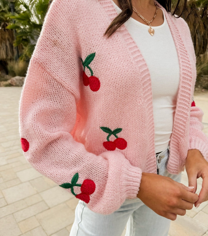 Ladies Large Cardigan with playful cherry pattern Lune London