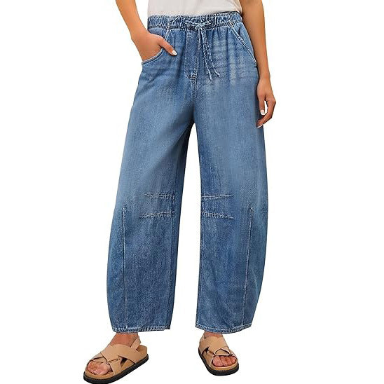 Women’s wide denim trousers with elastic waistband and practical cut Lune London