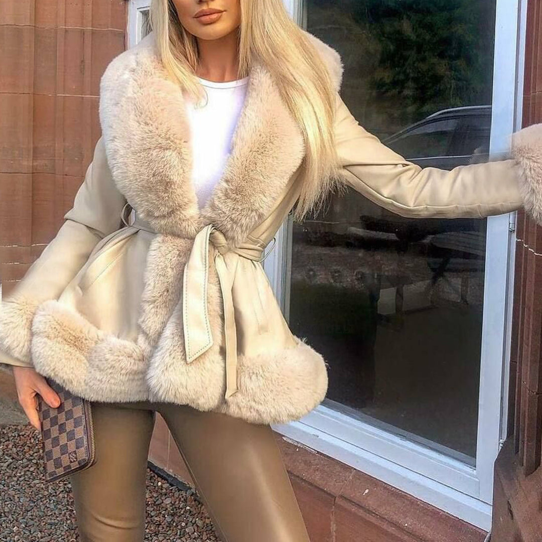 Lune London | Fur Collar Lacing At The Waist Stitched Pu Leather Jacket