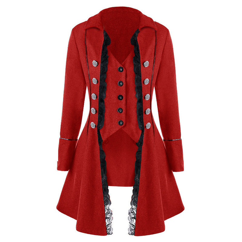 Ladies elegant traditional coat with delicate lace inserts and refined button details Lune Londonl